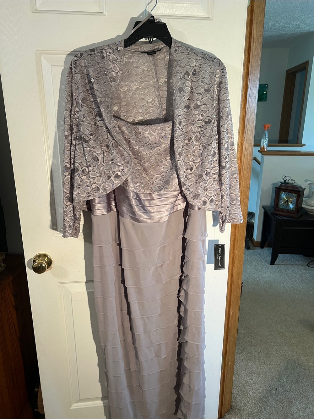 Jessica Howard Silver Gray Backless Lace Overlay Evening Dress with Jacket